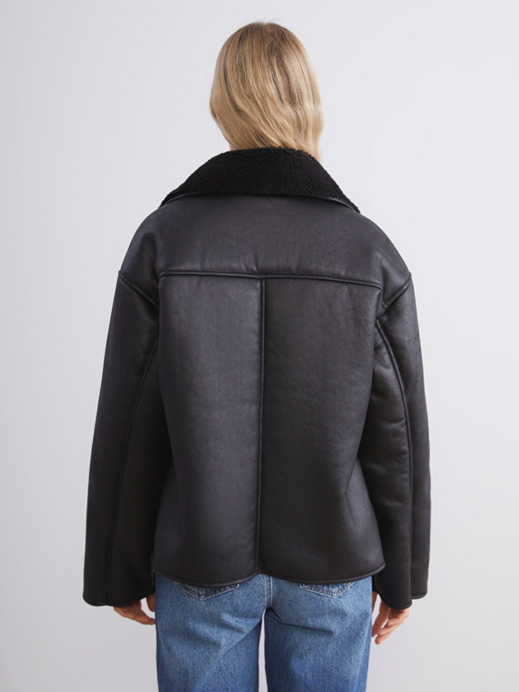 Siyah Pelüş Biker Yaka Kadın Süet Mont-4