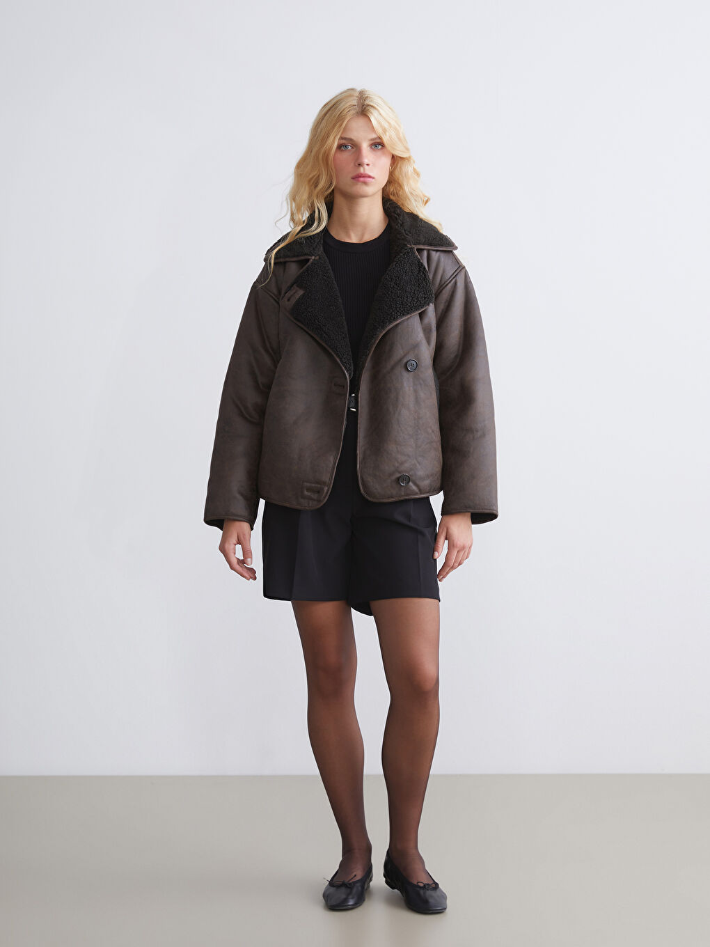 Kahverengi Pelüş Biker Yaka Kadın Süet Mont-1