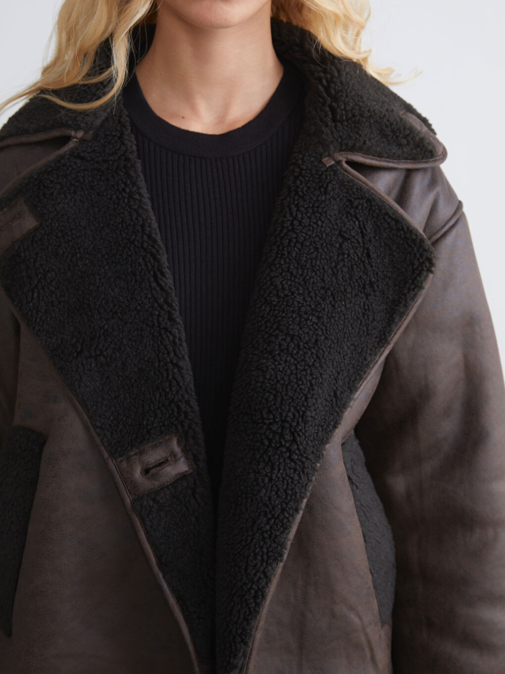 Kahverengi Pelüş Biker Yaka Kadın Süet Mont-2