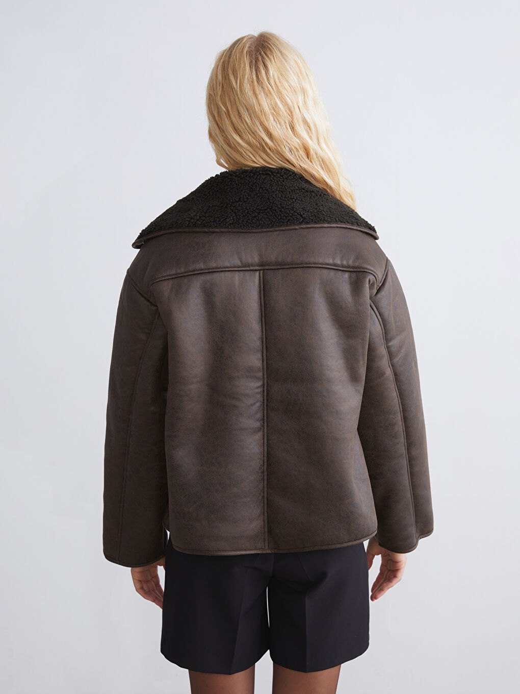 Kahverengi Pelüş Biker Yaka Kadın Süet Mont-4