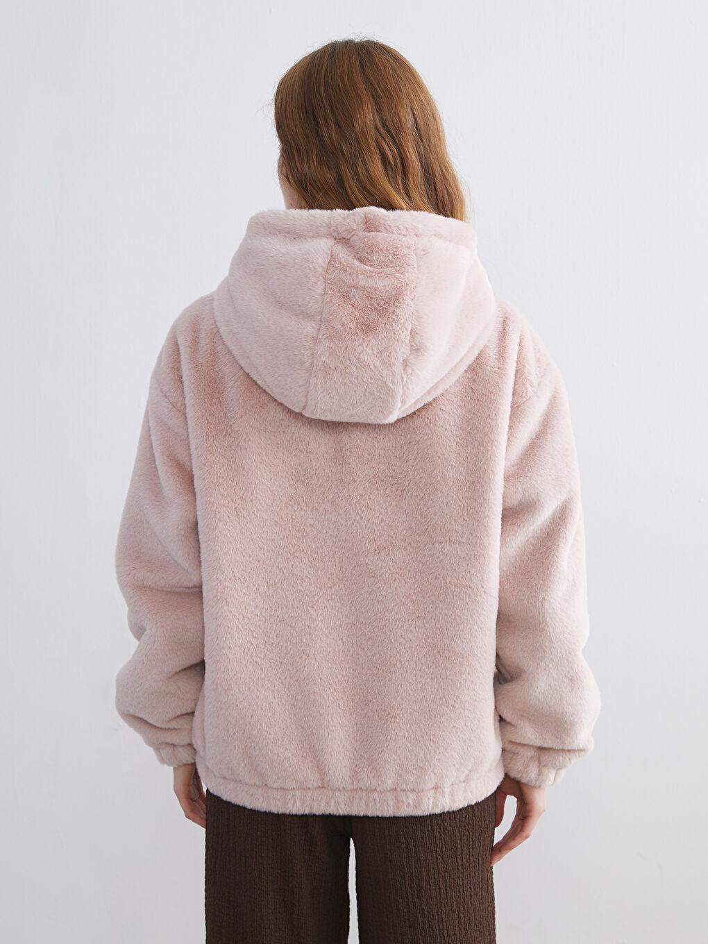Pembe Kapüşonlu Kadın Kürk Mont-4