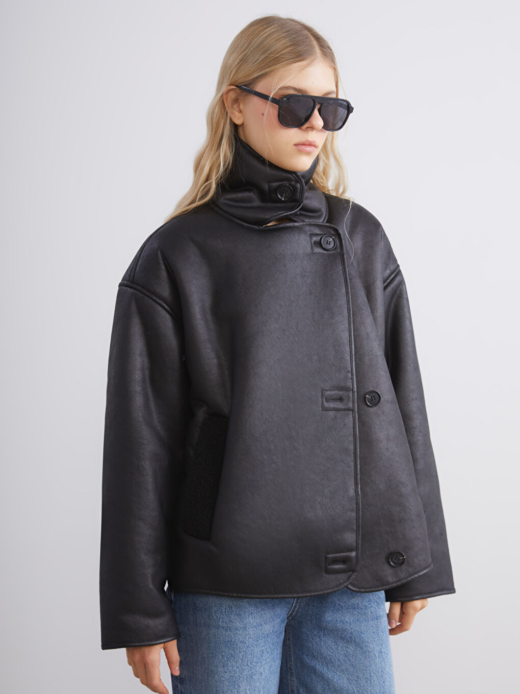 Fur Collar Women's Faux Leather Coat