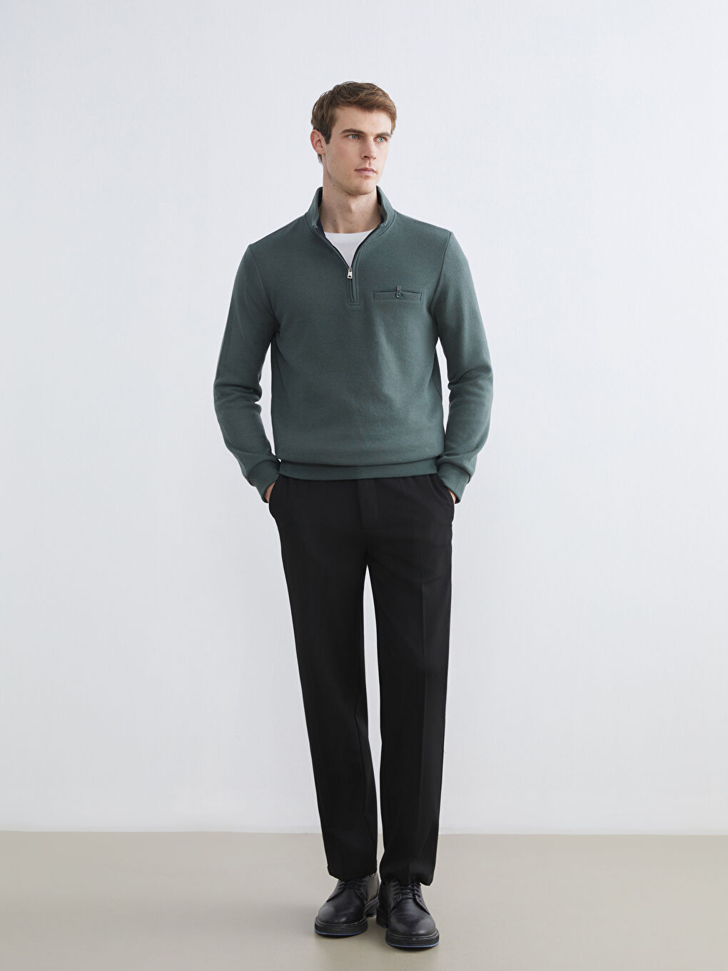 Yeşil Fermuarlı Dik Yaka Erkek Sweatshirt-1