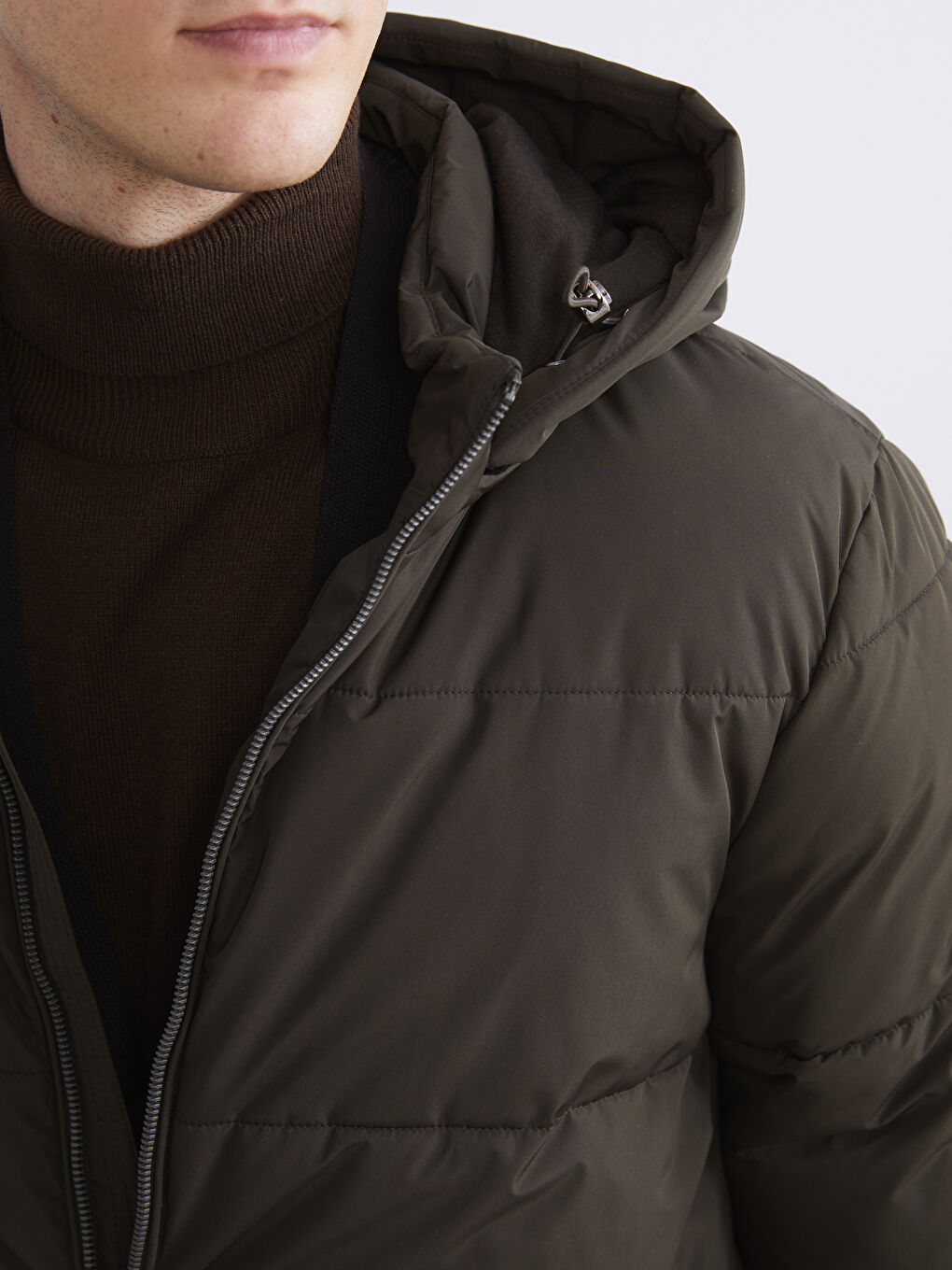 Haki Standart Kalıp Kapüşonlu Erkek Şişme Mont-2