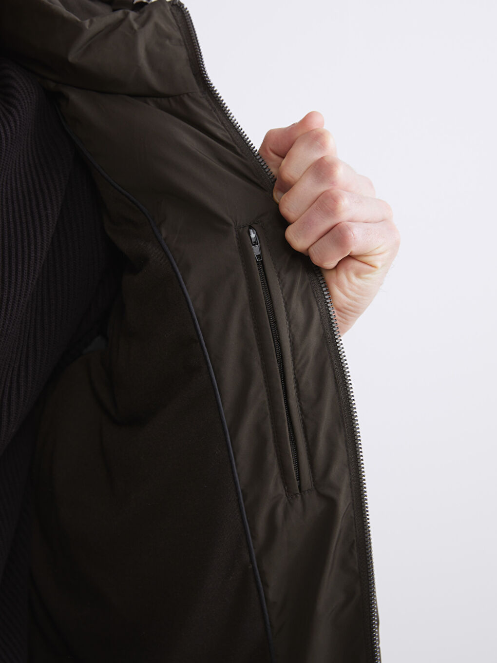 Haki Standart Kalıp Kapüşonlu Erkek Şişme Mont-5