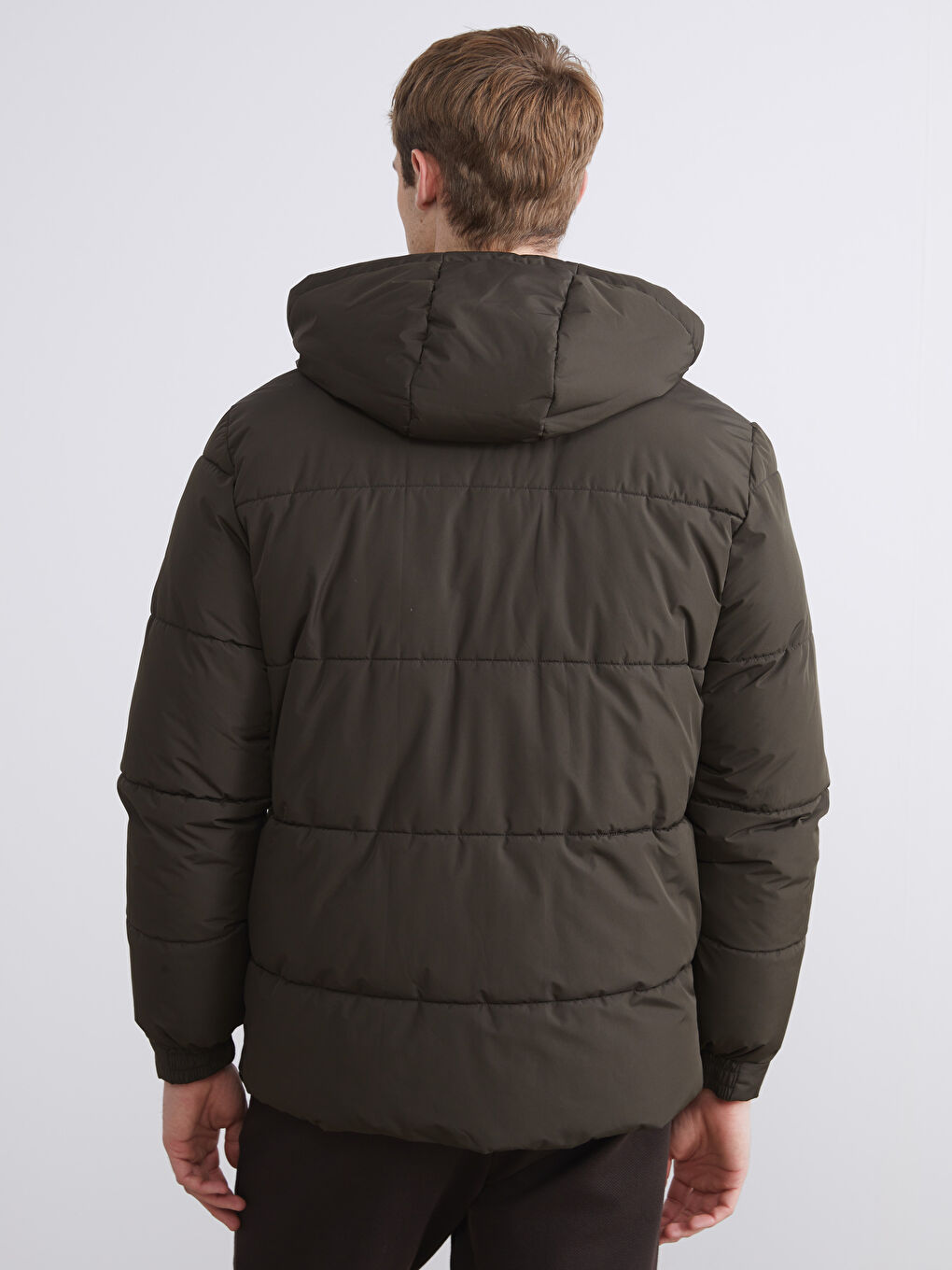 Haki Standart Kalıp Kapüşonlu Erkek Şişme Mont-6