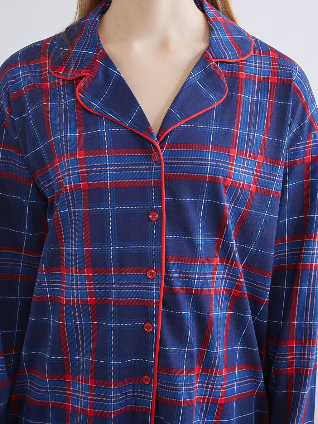 Collared Neck Plaid Women's Pyjama Set-2