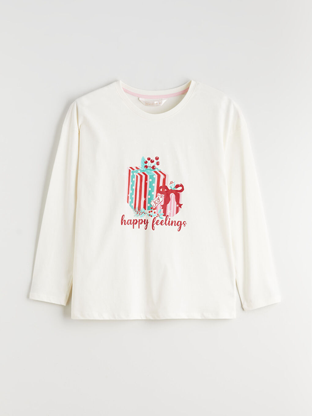 Ekru Bisiklet Yaka Yılbaşı Temalı Kadın Pijama Üstü