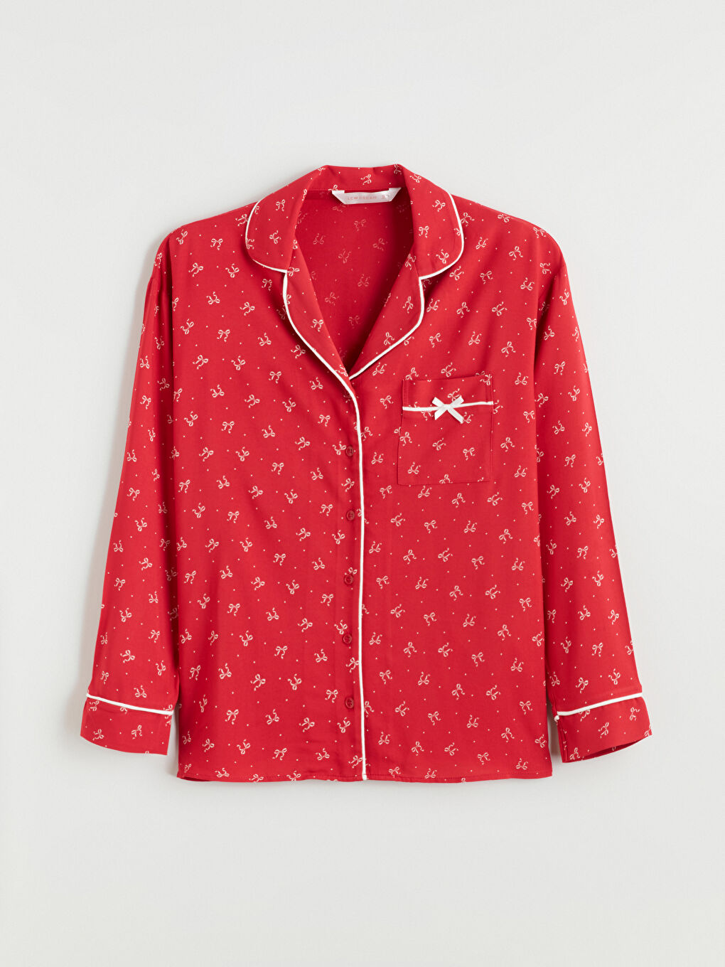 Kırmızı Gömlek Yaka Fiyonk Desenli Kadın Pijama Üst