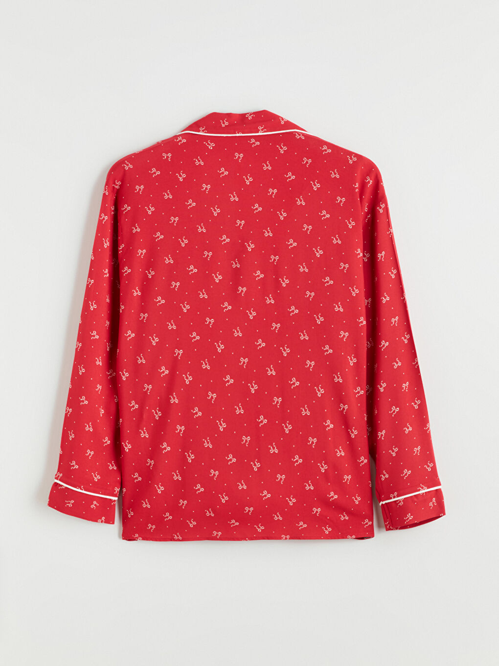 Kırmızı Gömlek Yaka Fiyonk Desenli Kadın Pijama Üst-1