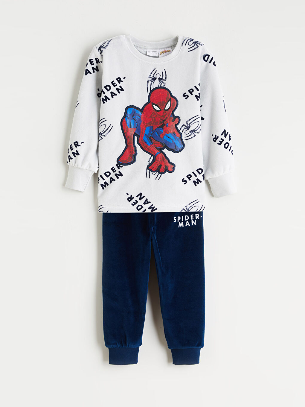 Gri Bisiklet Yaka Spider-Man Nakışlı Kadife Erkek Çocuk Pijama Takımı
