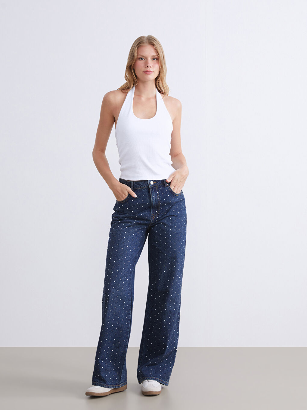 Weite Hose mit Strasssteinchen verzierte Jeans für Damen