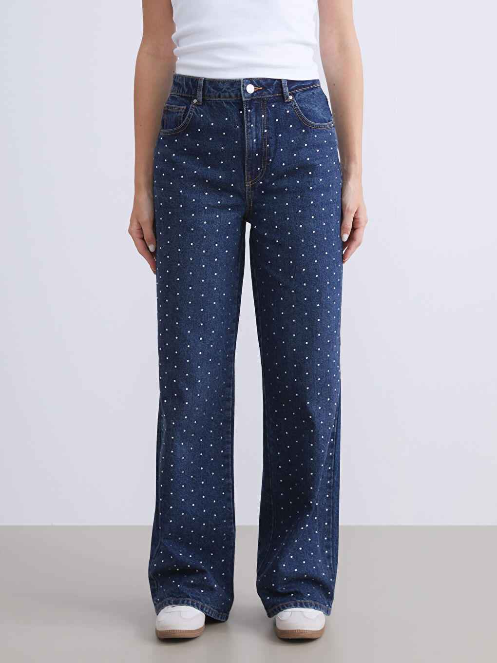 Weite Hose mit Strasssteinchen verzierte Jeans für Damen-1