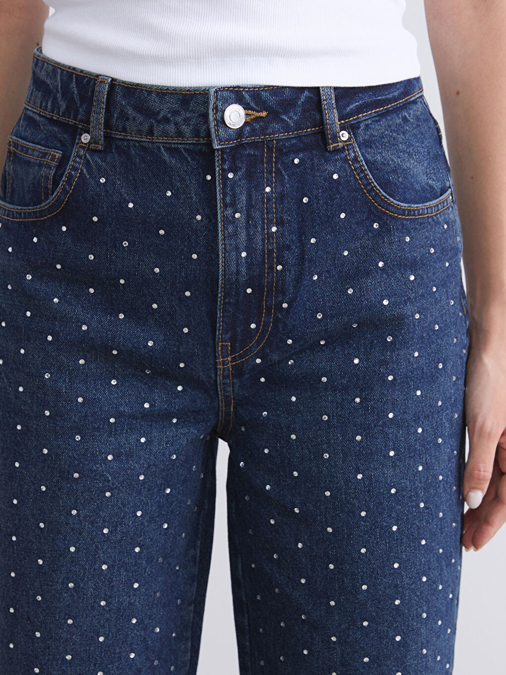 Weite Hose mit Strasssteinchen verzierte Jeans für Damen-2