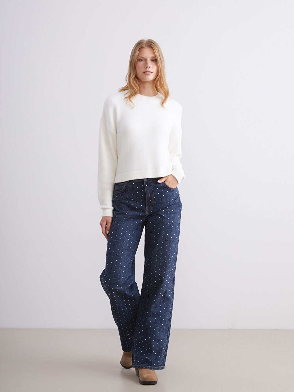 Mavi Wideleg Taşlı Kadın Jean Pantolon