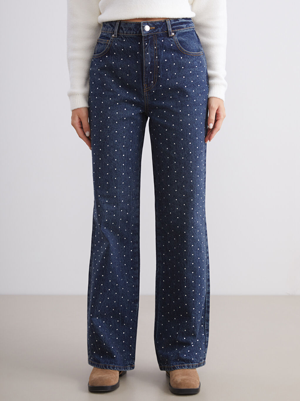 Mavi Wideleg Taşlı Kadın Jean Pantolon-1