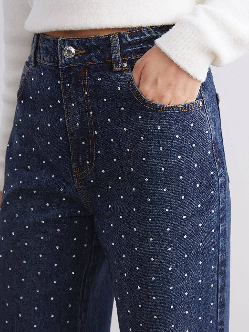 Mavi Wideleg Taşlı Kadın Jean Pantolon-2