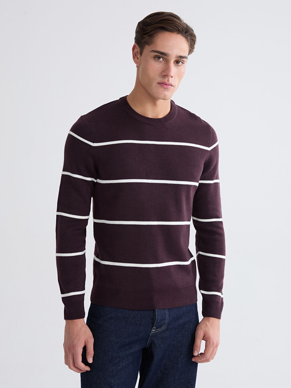 Bordo Bisiklet Yaka Uzun Kollu Çizgili Erkek Triko Kazak