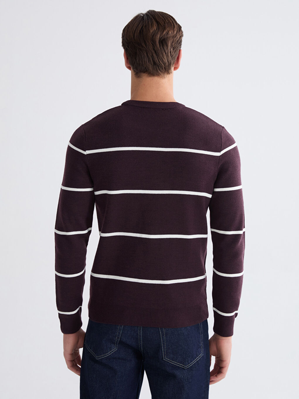 Bordo Bisiklet Yaka Uzun Kollu Çizgili Erkek Triko Kazak-3