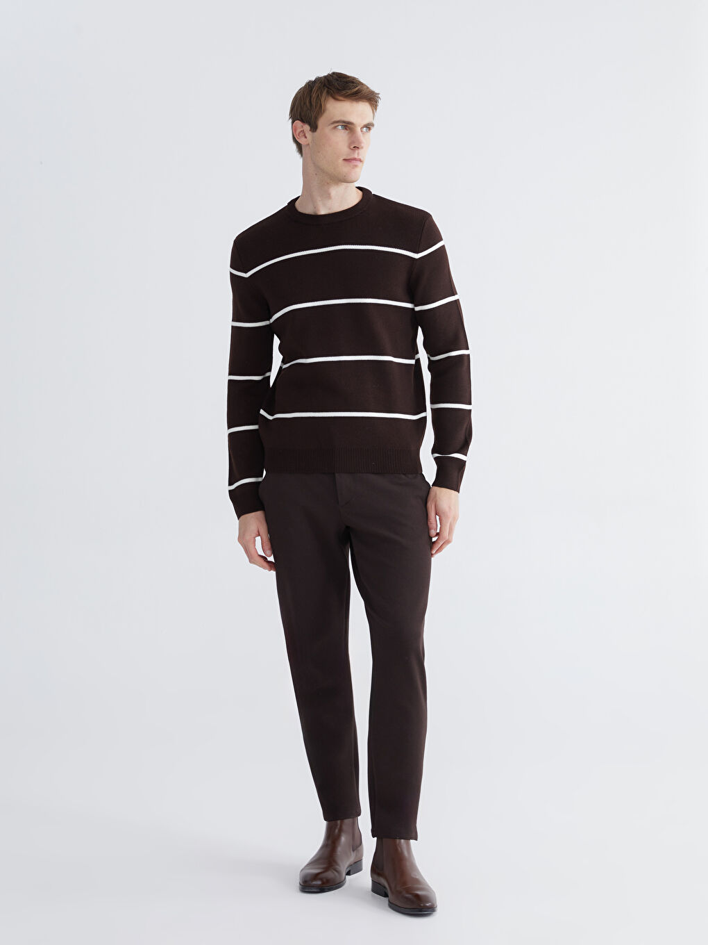 Kahverengi Bisiklet Yaka Uzun Kollu Çizgili Erkek Triko Kazak-1