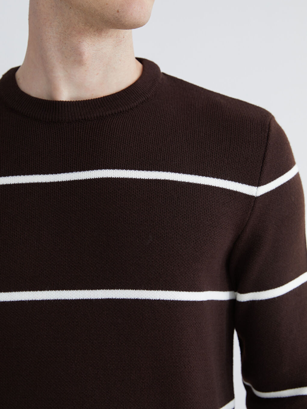 Kahverengi Bisiklet Yaka Uzun Kollu Çizgili Erkek Triko Kazak-2