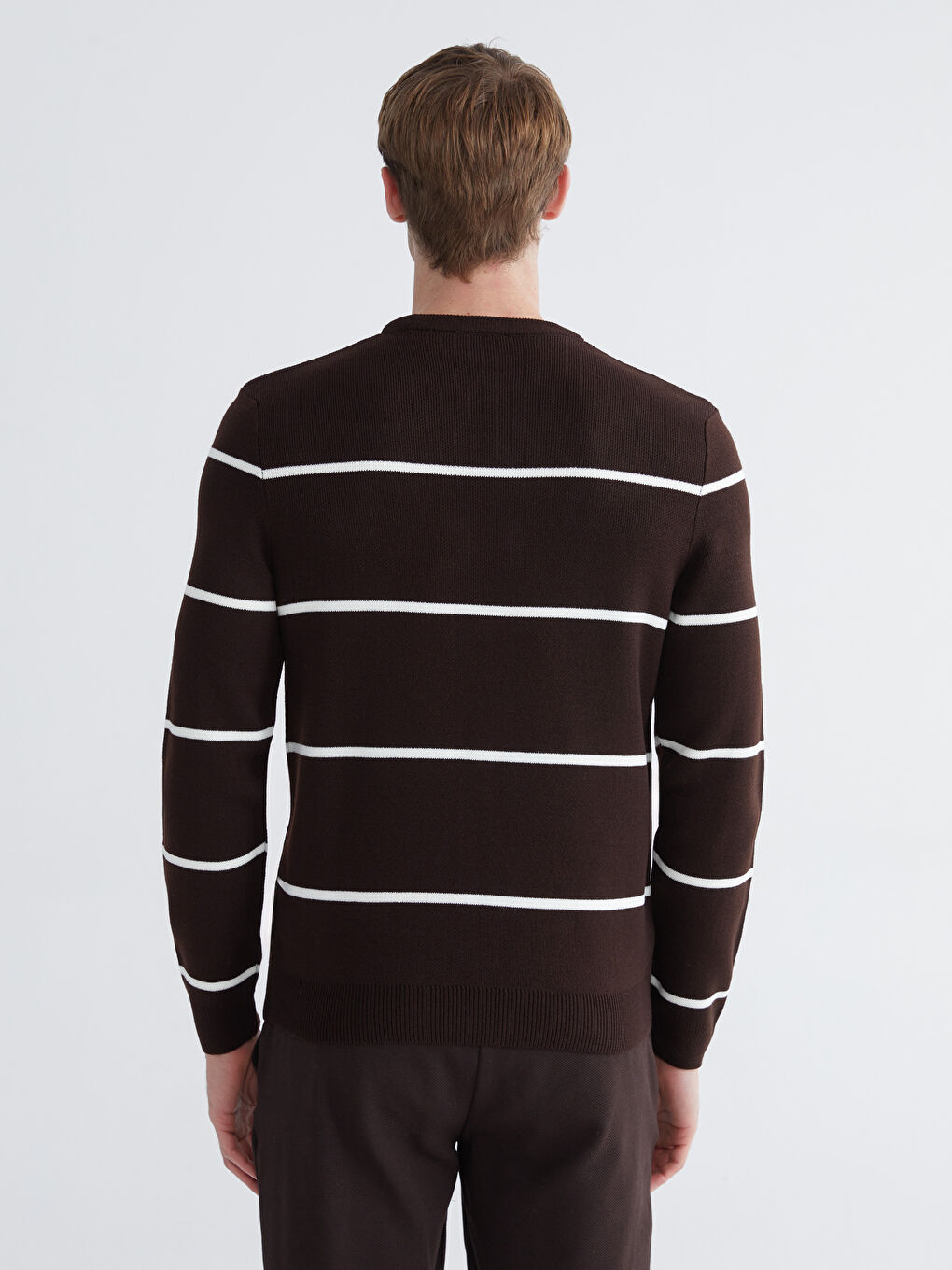 Kahverengi Bisiklet Yaka Uzun Kollu Çizgili Erkek Triko Kazak-3