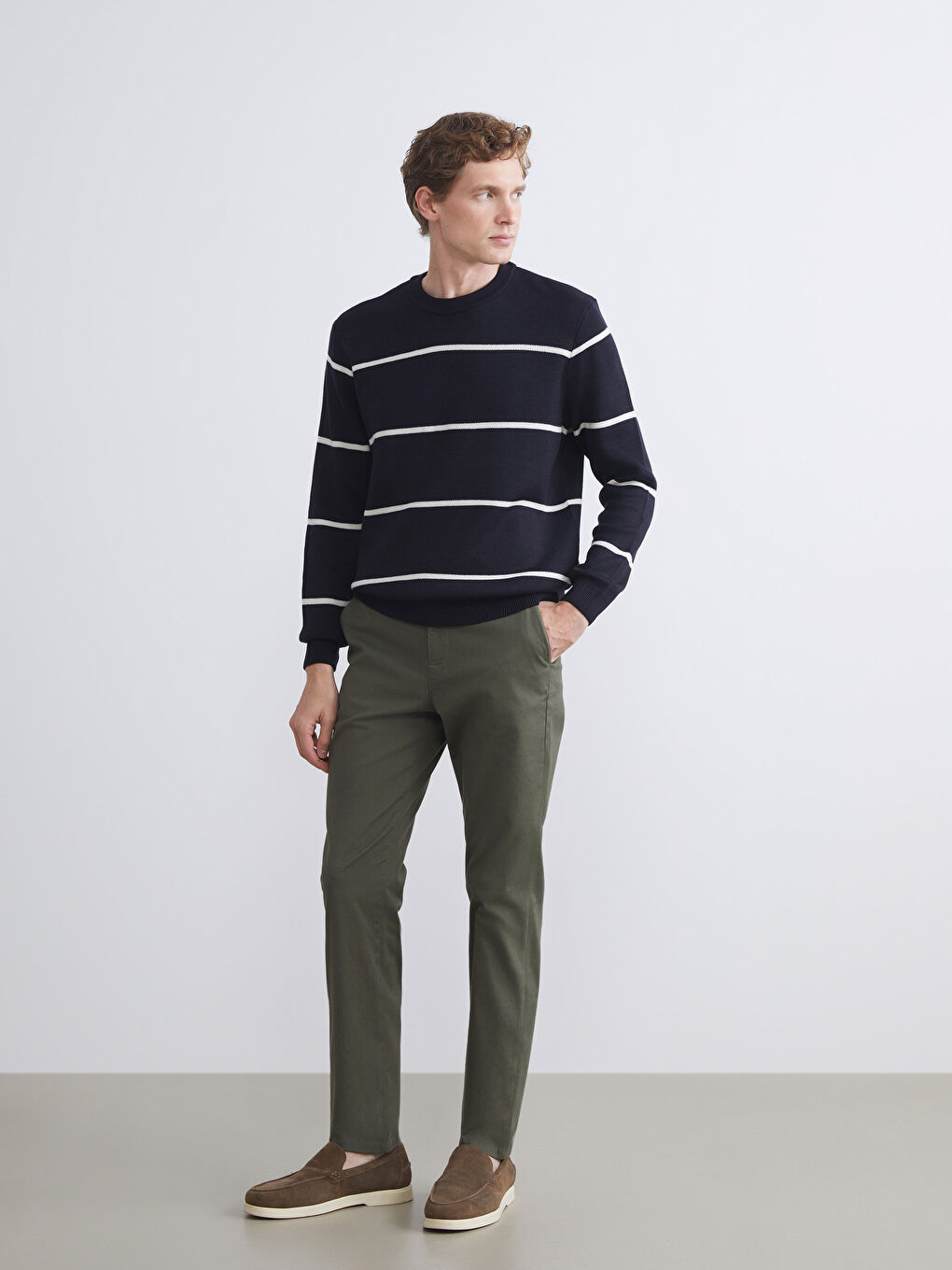 Lacivert Bisiklet Yaka Uzun Kollu Çizgili Erkek Triko Kazak-1