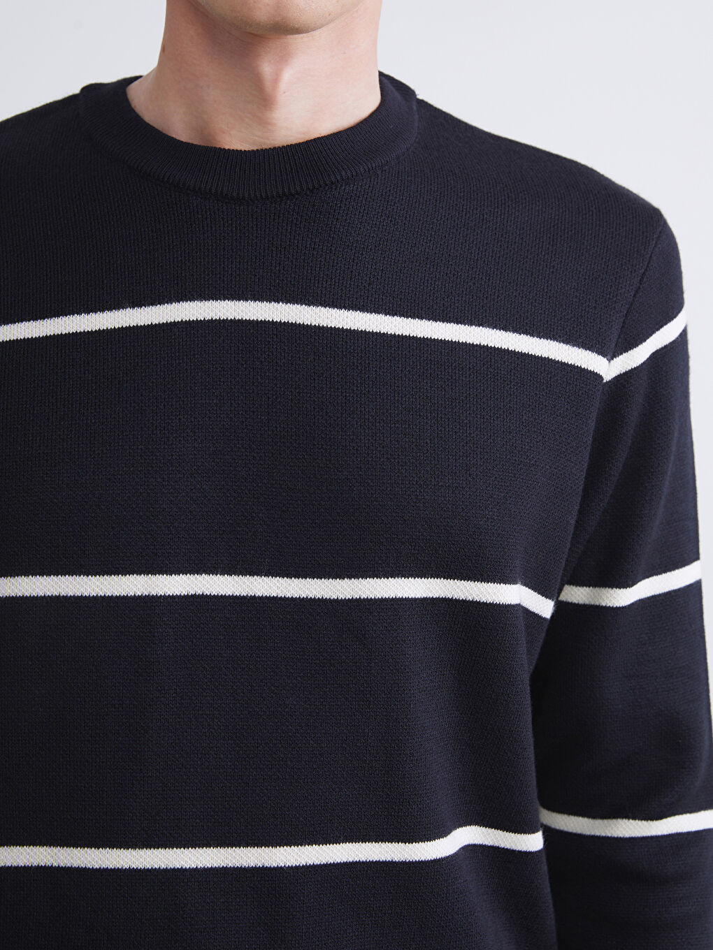 Lacivert Bisiklet Yaka Uzun Kollu Çizgili Erkek Triko Kazak-2