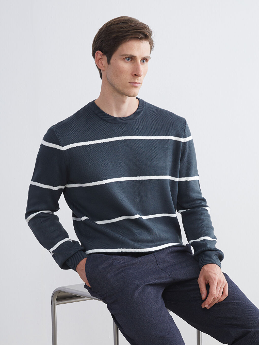 Yeşil Bisiklet Yaka Uzun Kollu Çizgili Erkek Triko Kazak