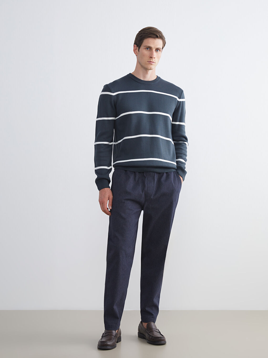 Yeşil Bisiklet Yaka Uzun Kollu Çizgili Erkek Triko Kazak-1