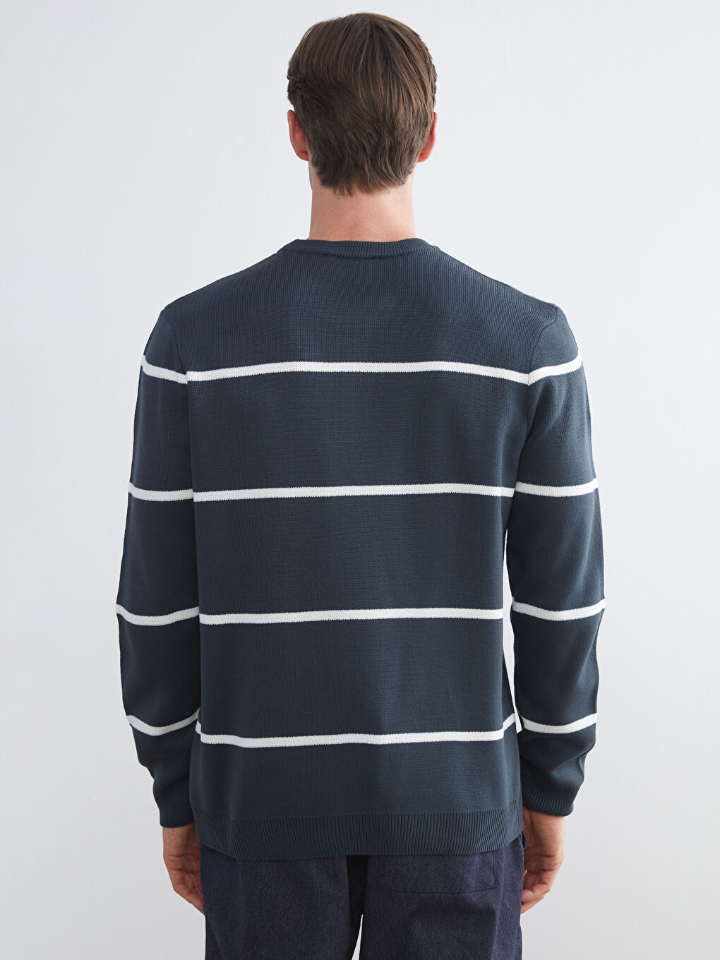 Yeşil Bisiklet Yaka Uzun Kollu Çizgili Erkek Triko Kazak-3