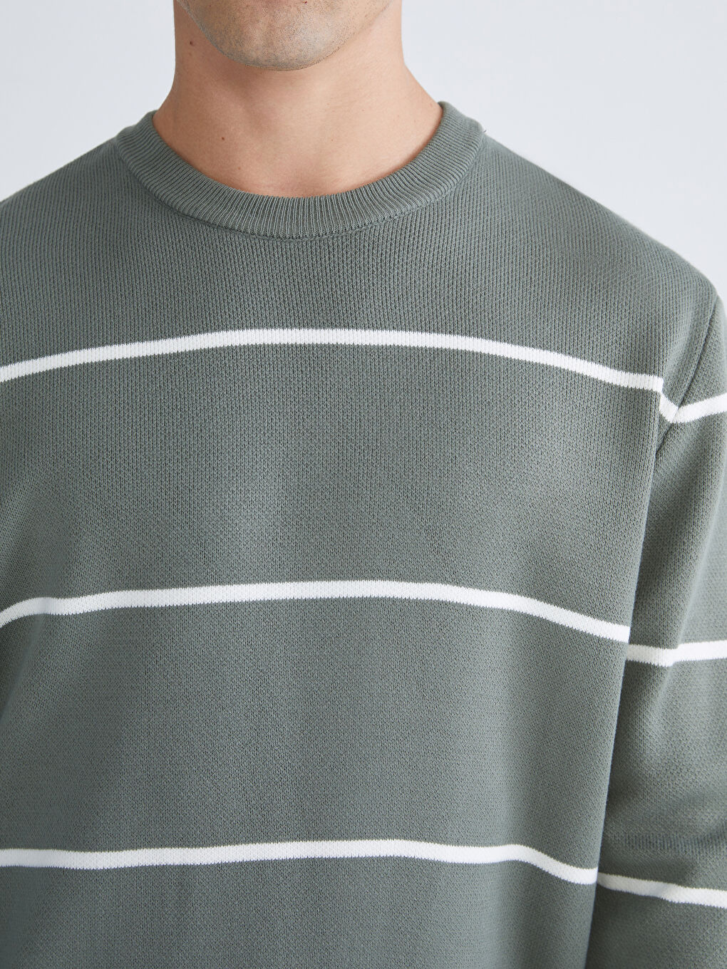 Yeşil Bisiklet Yaka Uzun Kollu Çizgili Erkek Triko Kazak-2