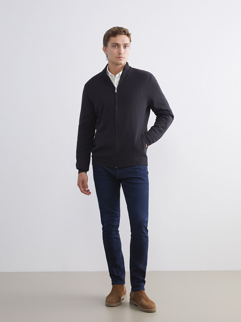 Antrasit Standart Kalıp Dik Yaka Erkek Triko Hırka-1