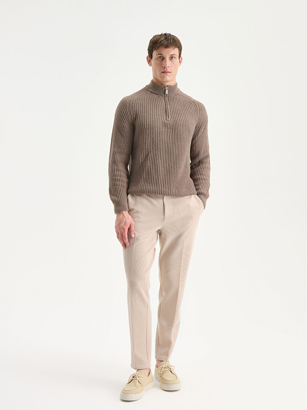 Bej Dik Yaka Uzun Kollu Erkek Triko Kazak-1