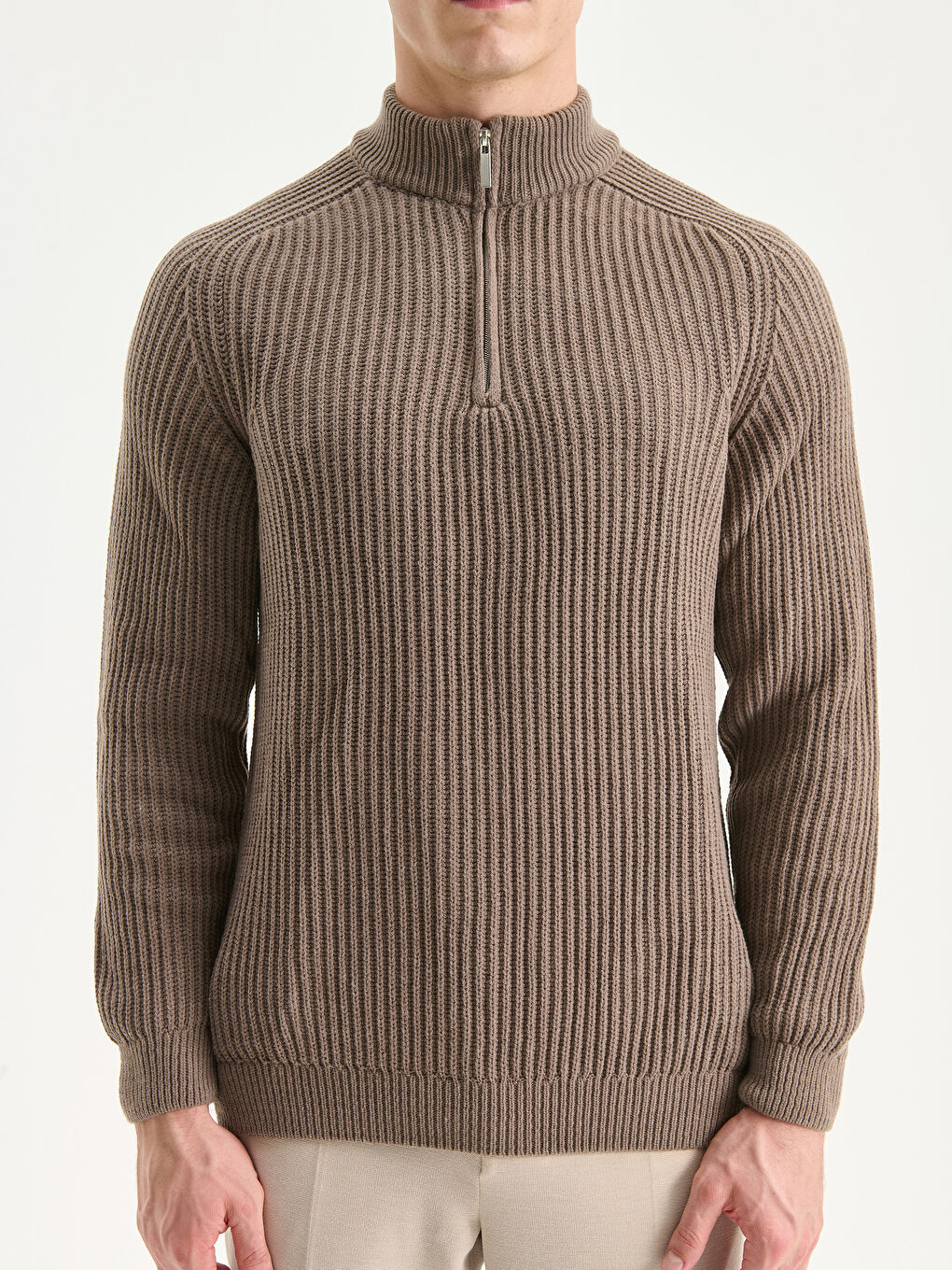 Bej Dik Yaka Uzun Kollu Erkek Triko Kazak-2