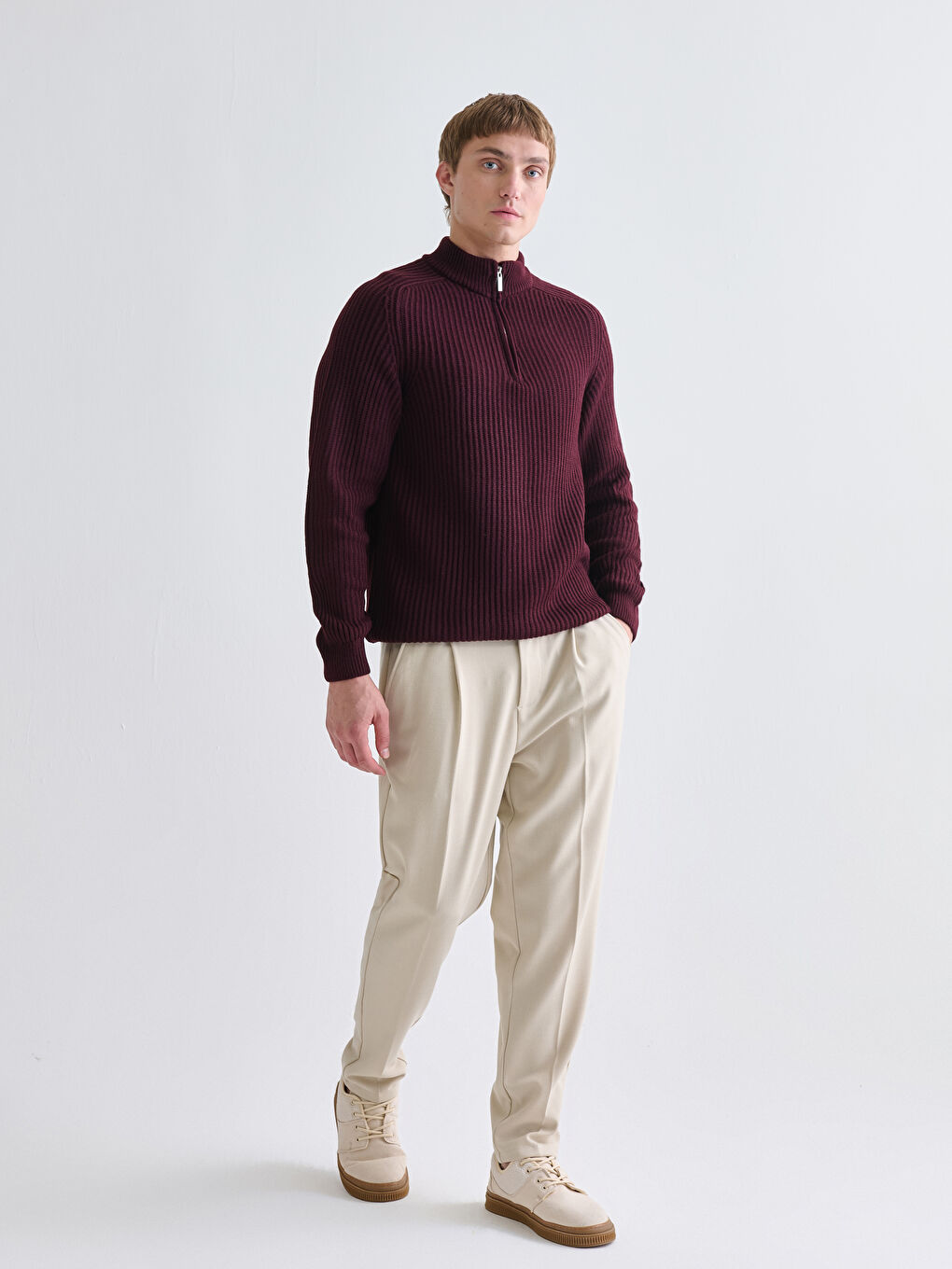 Bordo Dik Yaka Uzun Kollu Erkek Triko Kazak-1