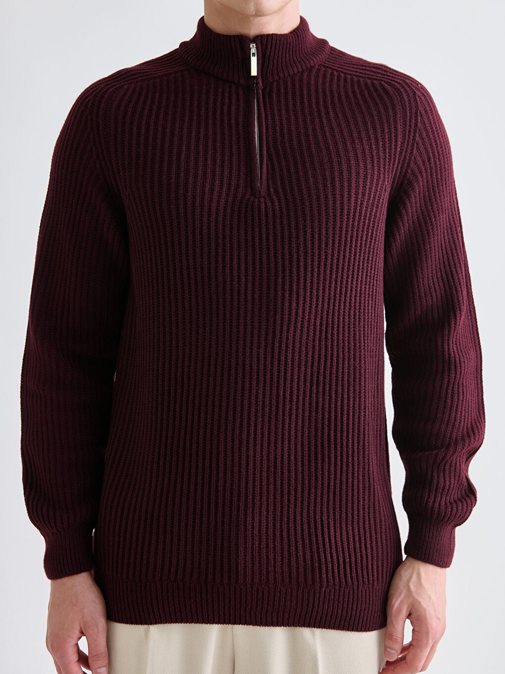 Bordo Dik Yaka Uzun Kollu Erkek Triko Kazak-2