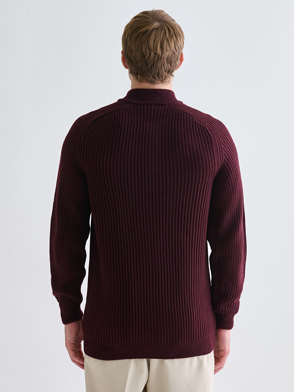 Bordo Dik Yaka Uzun Kollu Erkek Triko Kazak-3