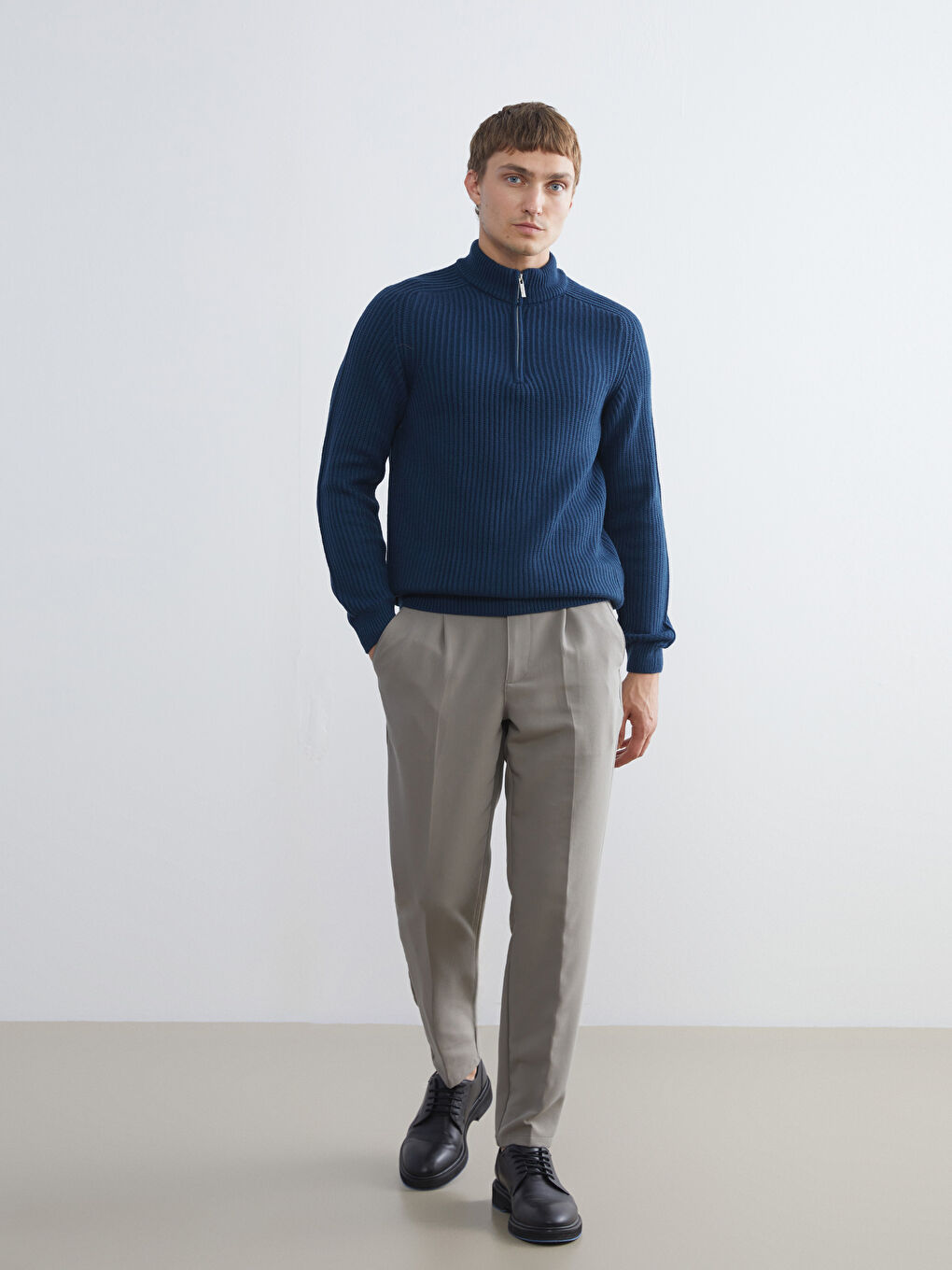 Petrol Dik Yaka Uzun Kollu Erkek Triko Kazak-1