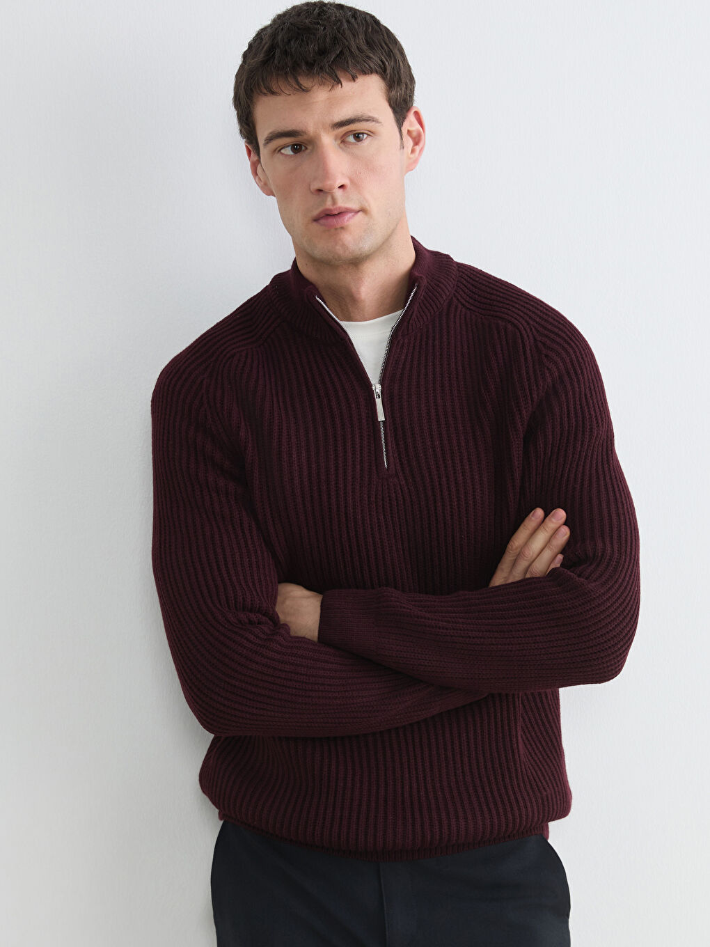 Bordo Dik Yaka Uzun Kollu Erkek Triko Kazak-1