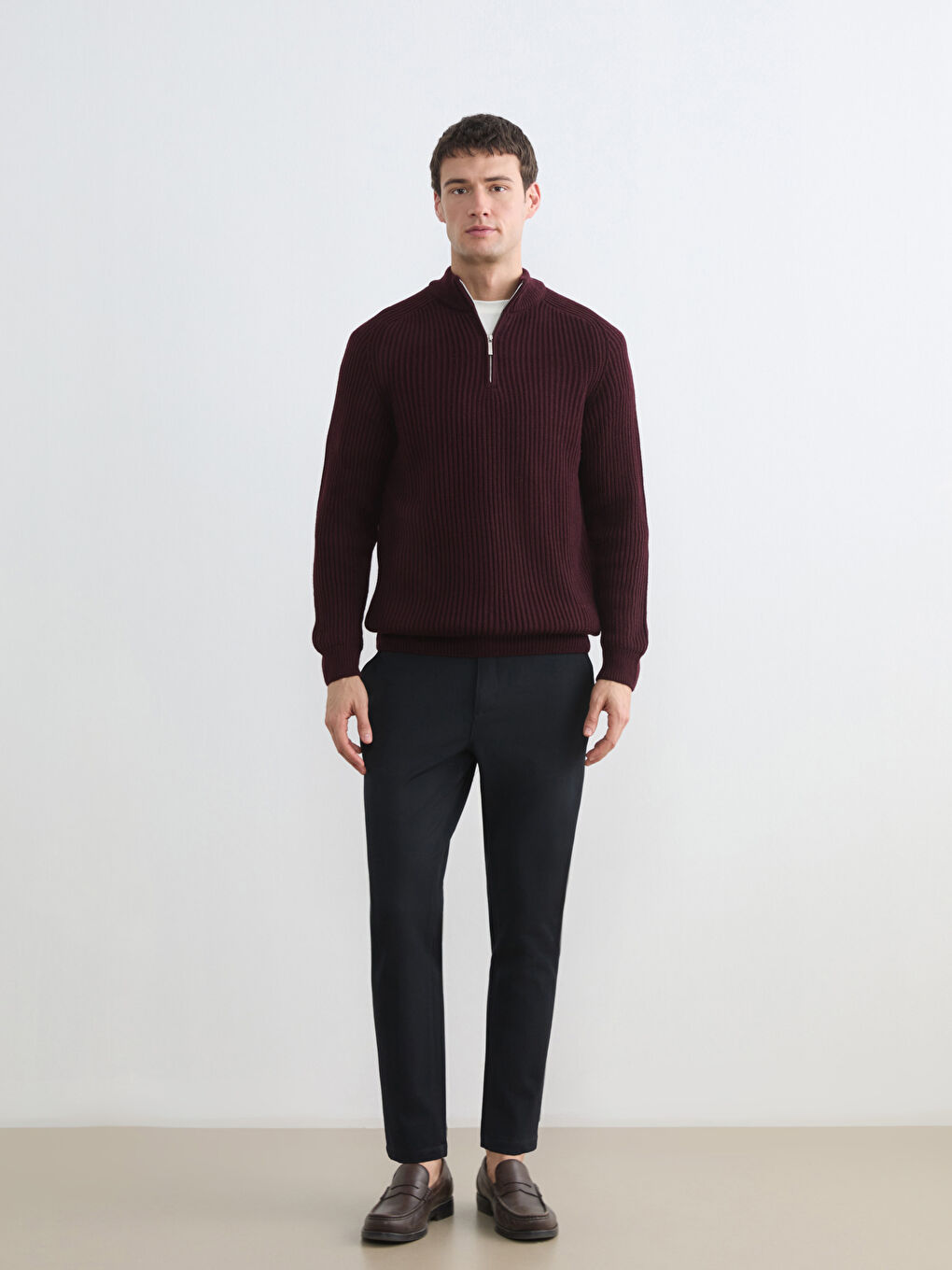 Bordo Dik Yaka Uzun Kollu Erkek Triko Kazak-2