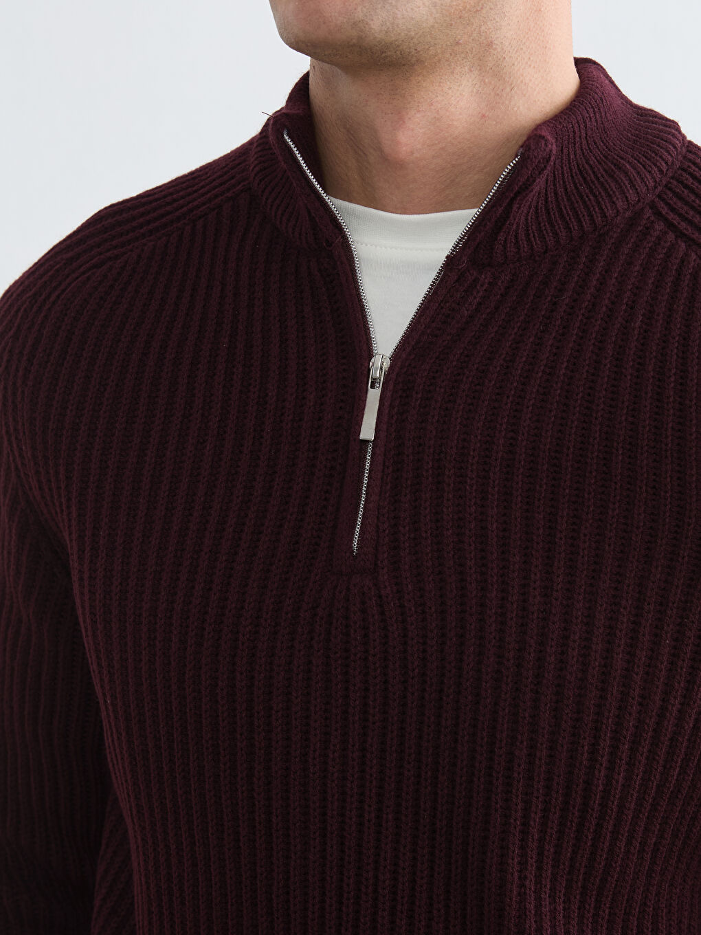 Bordo Dik Yaka Uzun Kollu Erkek Triko Kazak-4