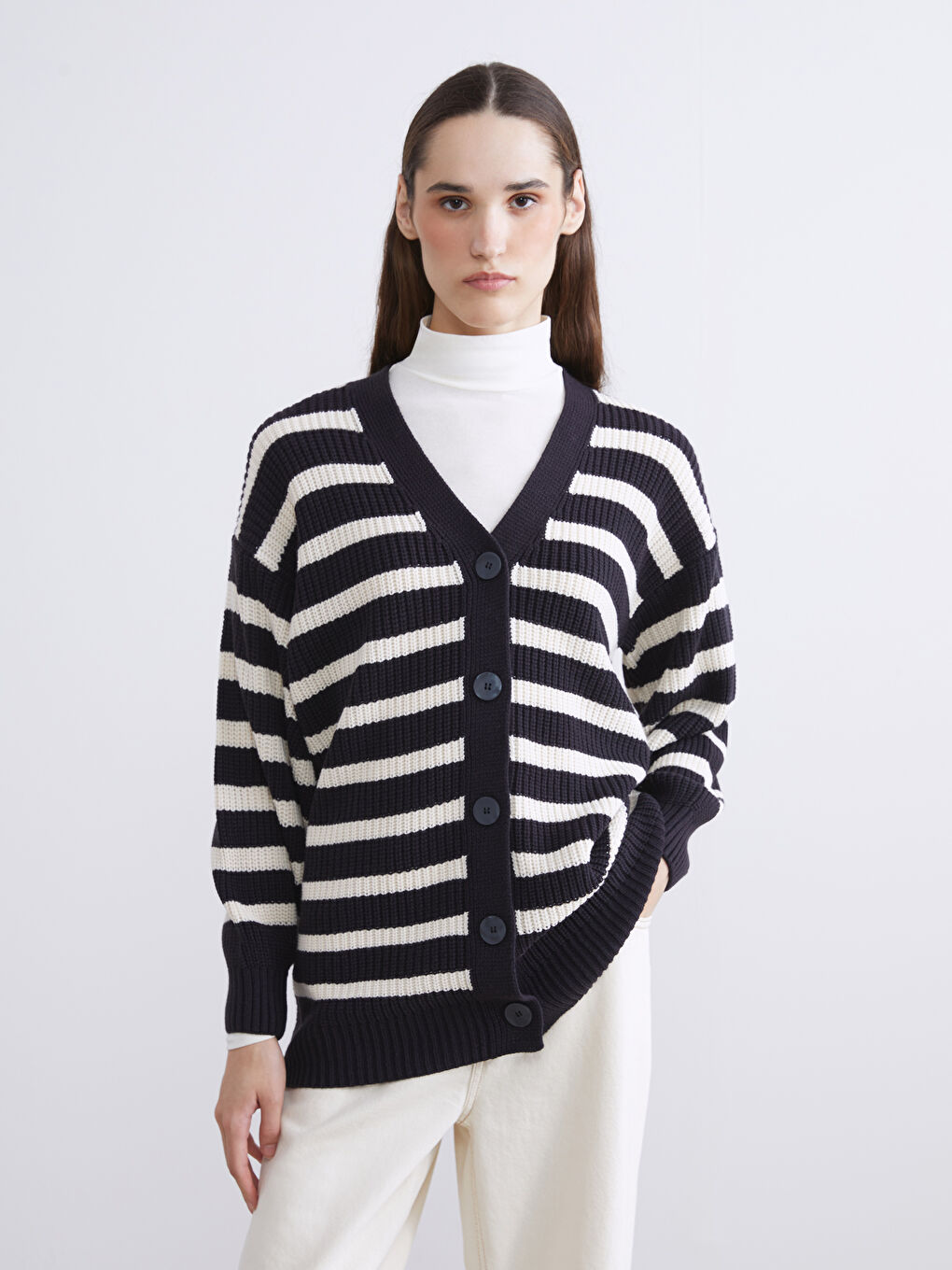 V Neck Striped Women's Knitwear Cardigan