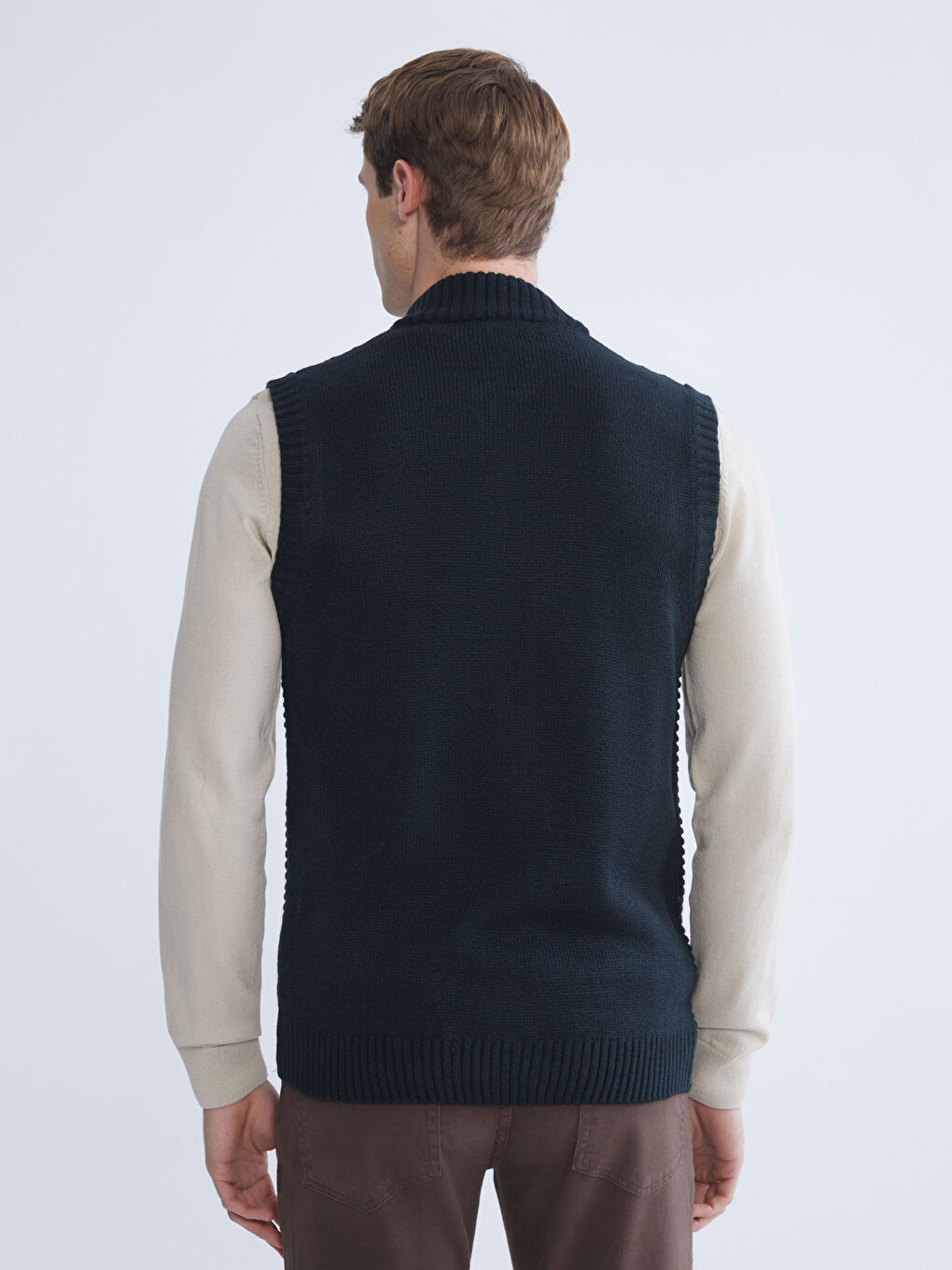 Yeşil Standart Kalıp Dik Yaka Erkek Triko Yelek-3