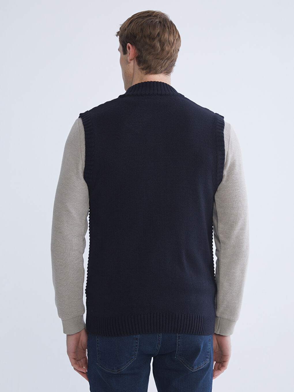 Lacivert Standart Kalıp Dik Yaka Erkek Triko Yelek-3