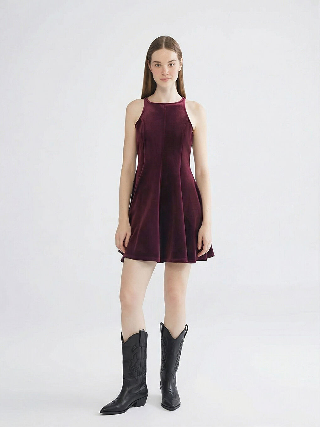 Bordo Halter Yaka A Kesim Kadife Mini Elbise