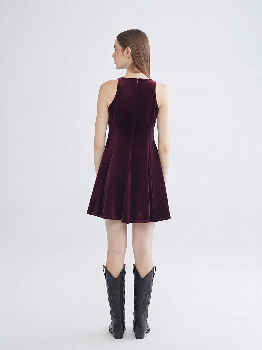 Bordo Halter Yaka A Kesim Kadife Mini Elbise-1