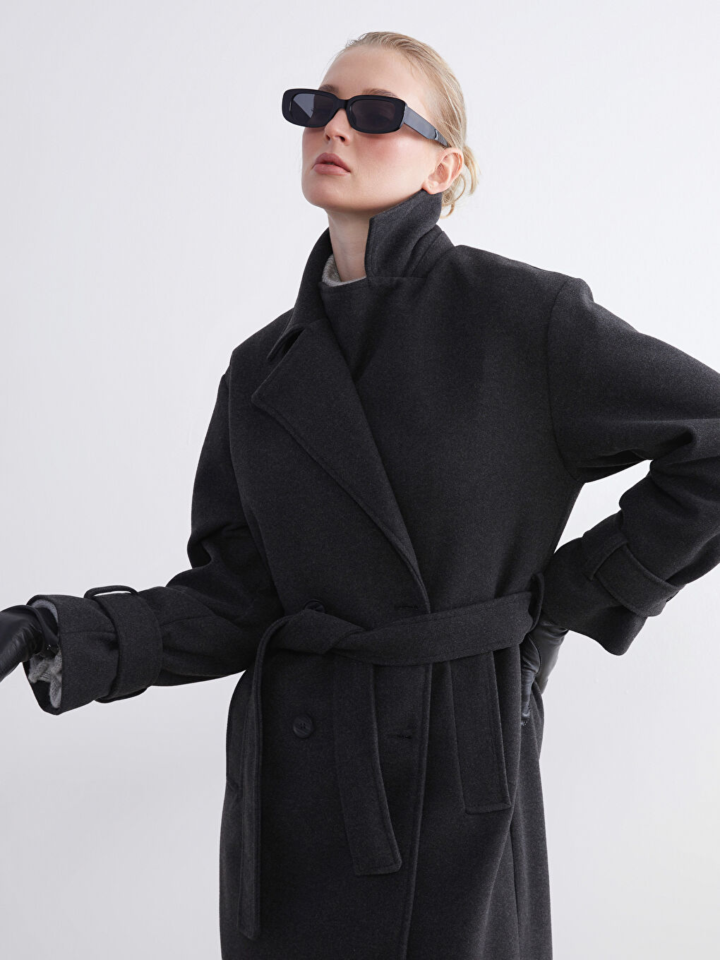 Woman ANTHRACITE Wool Blended Overcoat-2