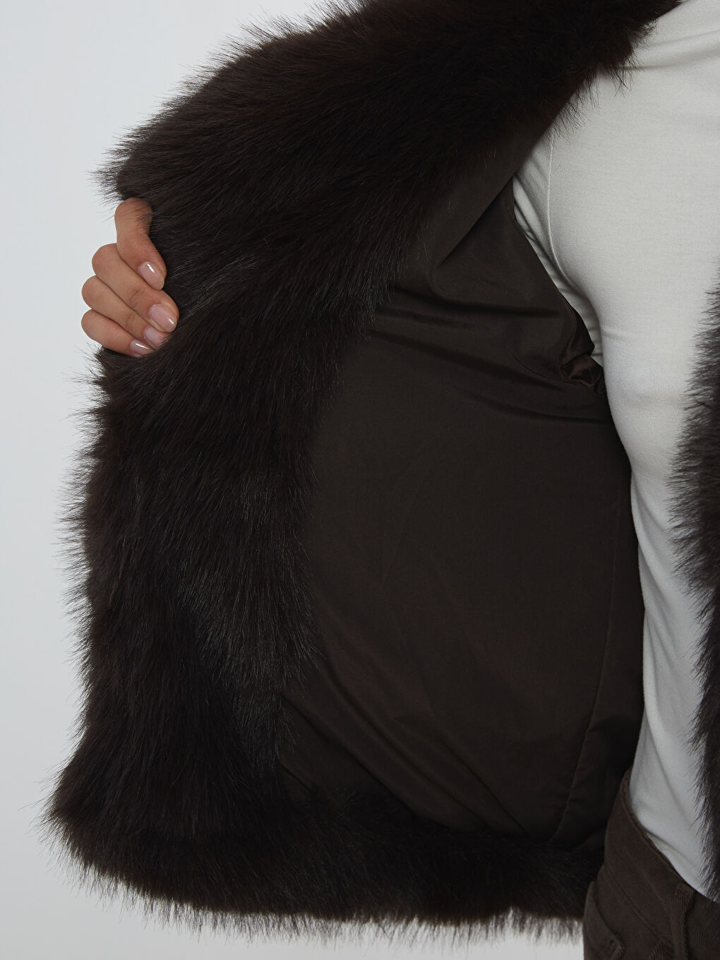 Kahverengi Ceket Yaka Kadın Kürk Mont-3