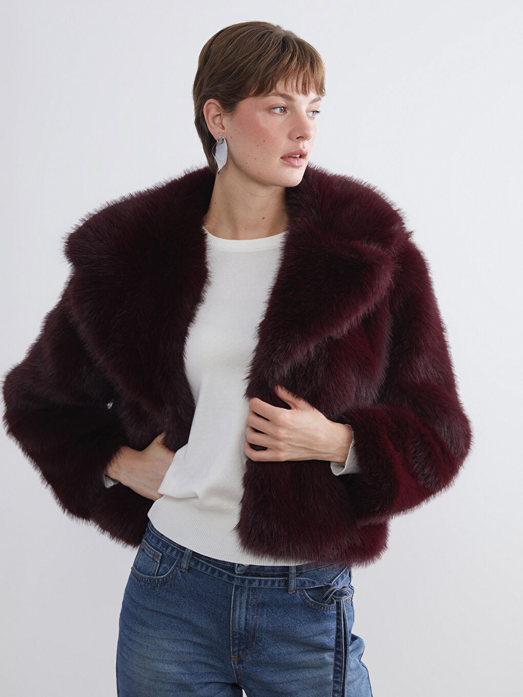 Mürdüm Ceket Yaka Kadın Kürk Mont